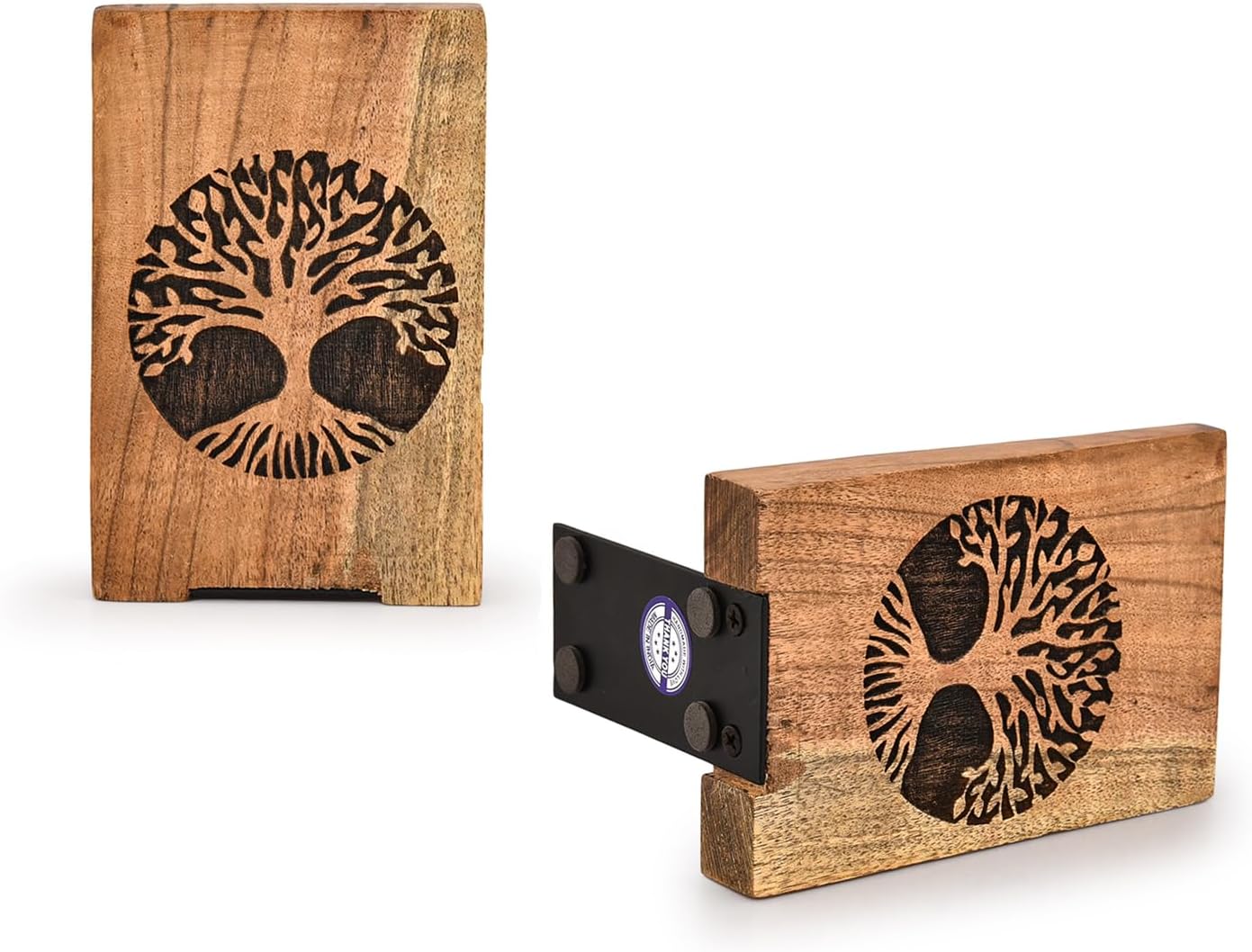 Office Bookends Iron & Acacia Wood Tree of Life Office Bookends