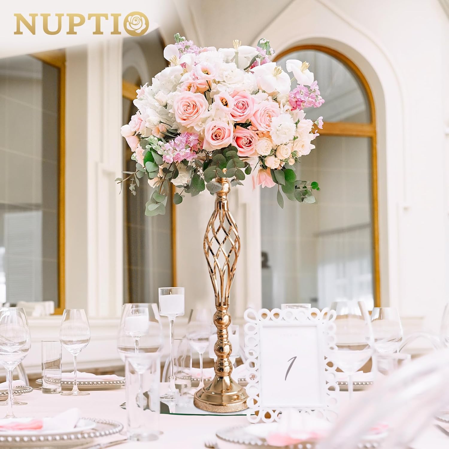 NUPTIO Gold Centerpiece Stand for Table, Twist Style, 22.8" Tall, 10 Pcs | Versatile Flower Arrangement, Candle Holder