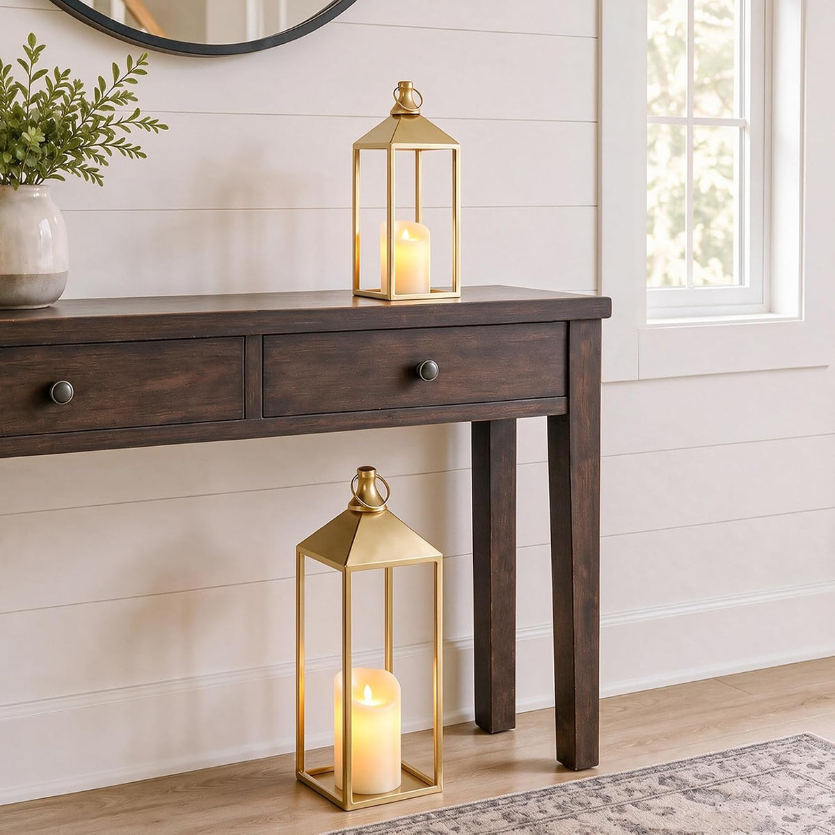Set of 2 Decorative Lanterns with Candles, Gold Metal Lanterns Decor | 17" 13" Lanterns Decorative Indoor Outdoor for
