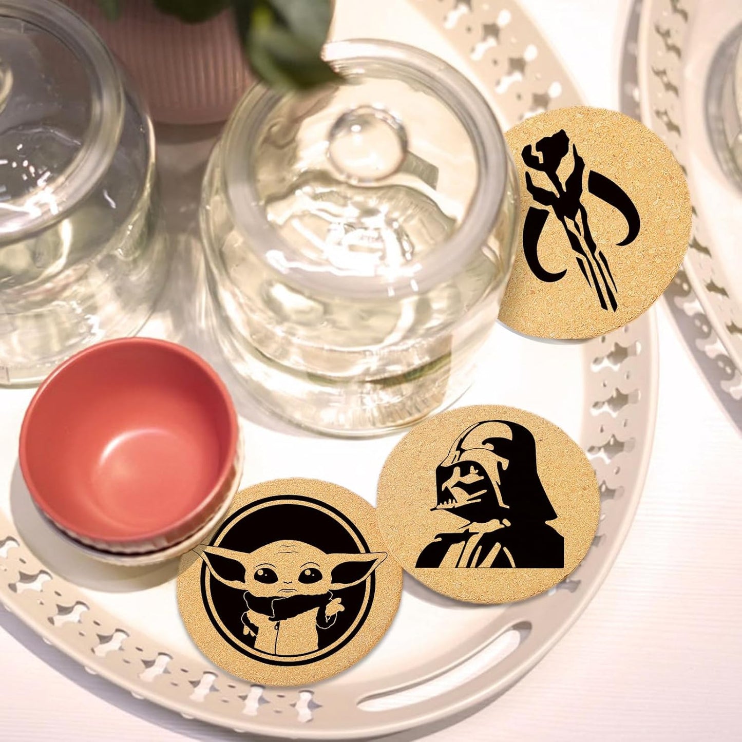 Holder / Absorbent Coaster Cork Wood for Cup Desk Office Table Kitchen / Star Battle / Set of 6