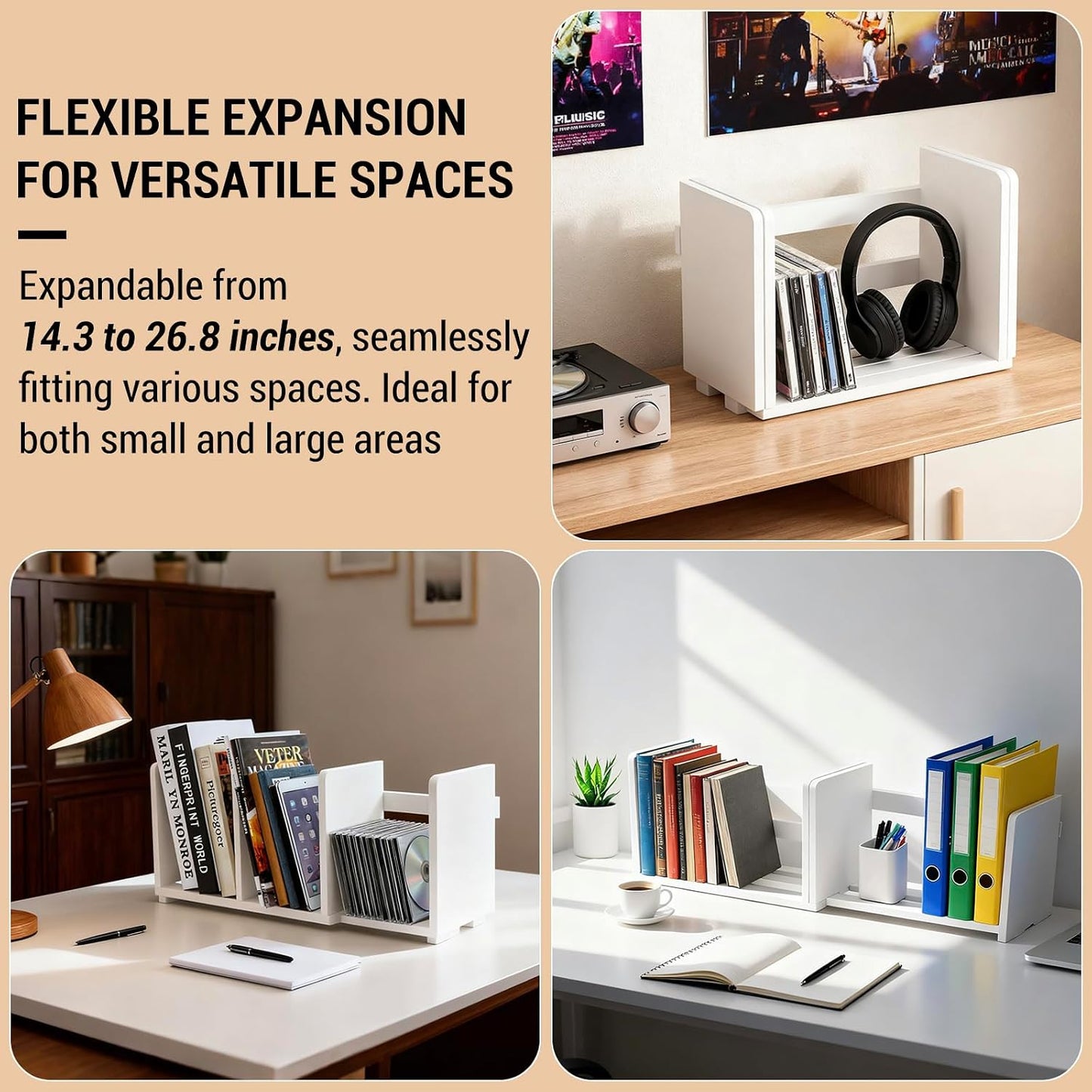 MyGift White Wood Desktop Bookshelf Organizer, Expandable Adjustable Rack | Expandable design adjusts to fit books