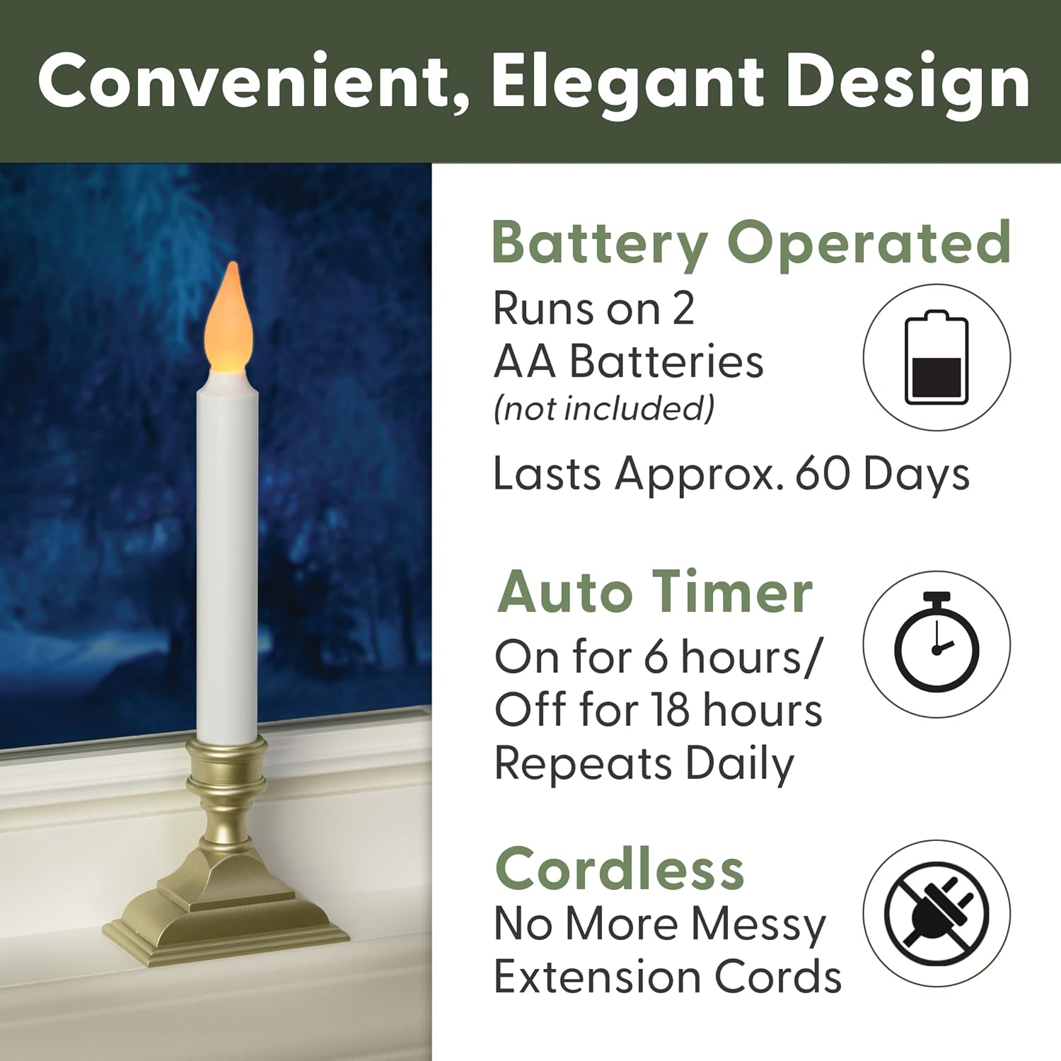 Battery Operated LED Window Candles with Timer, Pewter | Flickering Amber Flame, Flameless Christmas Window Sill