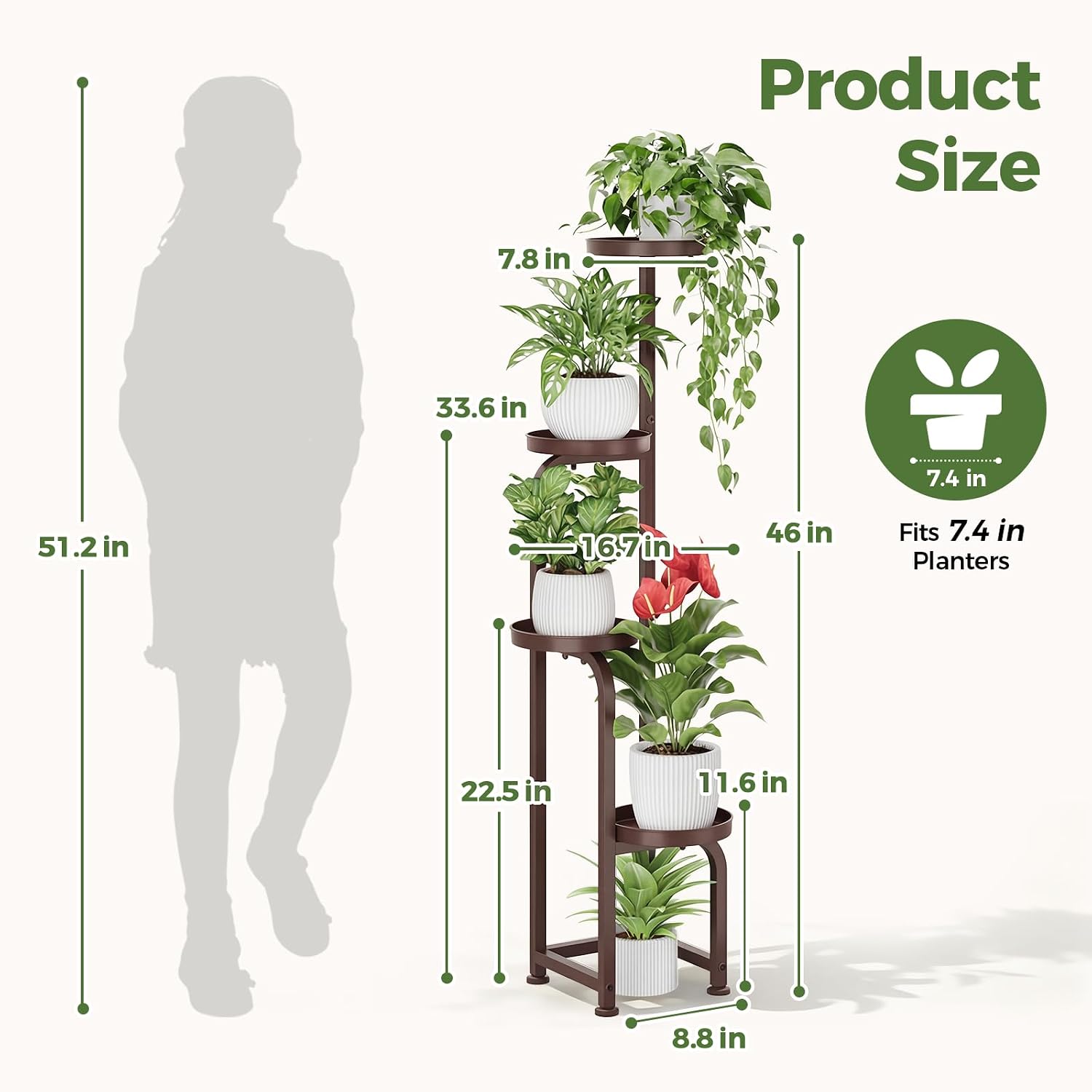 Bamworld Corner Plant Stand Indoor Outdoor Tall Metal Flower Pot Stands | 4 Tier Brown Heavy Duty Plant Shelf for