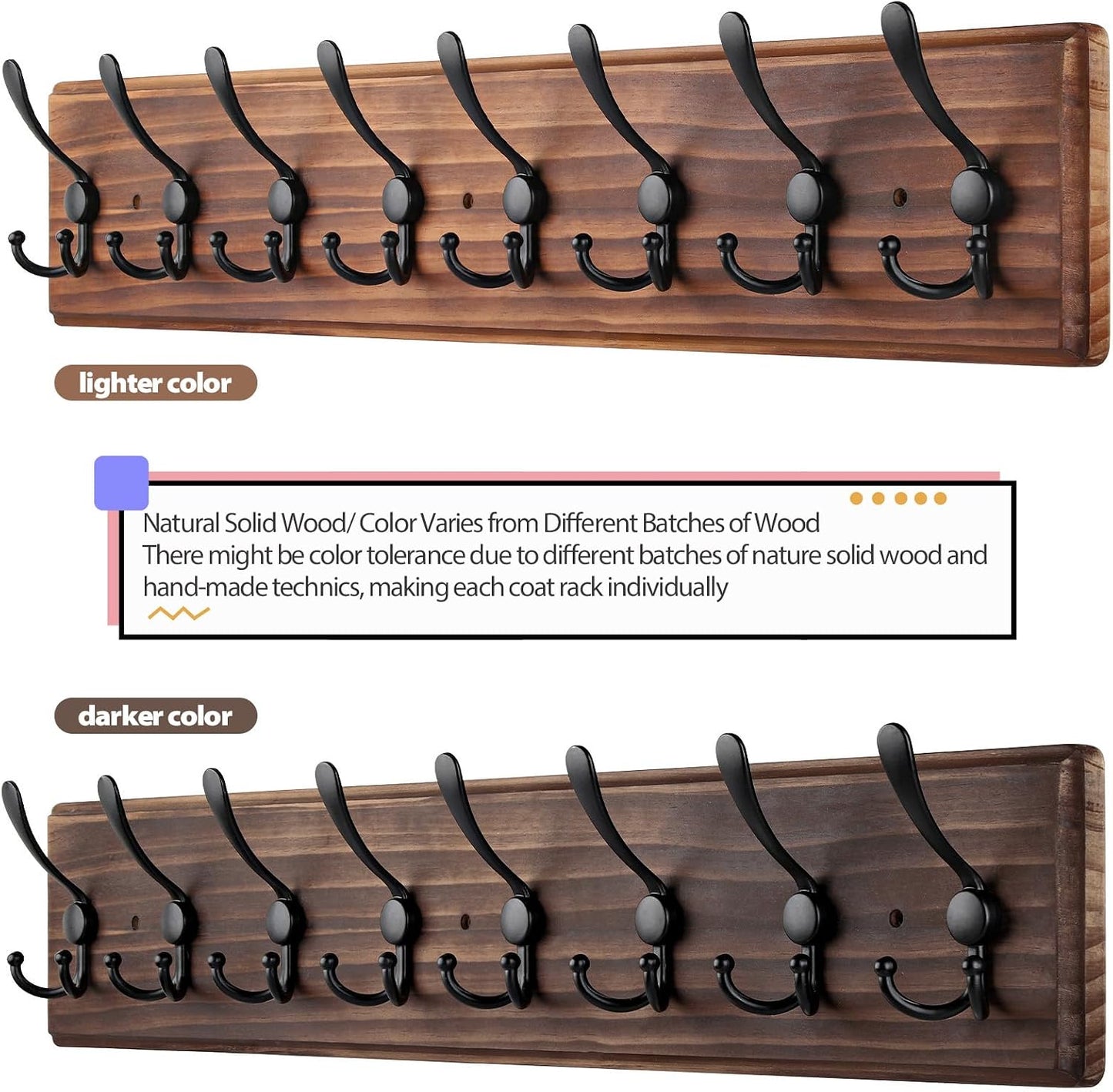Coat Rack Wall Mount, Wooden Heavy Duty Coat Rack for Wall,8 Triple Coat Hanger Hooks for Hanging