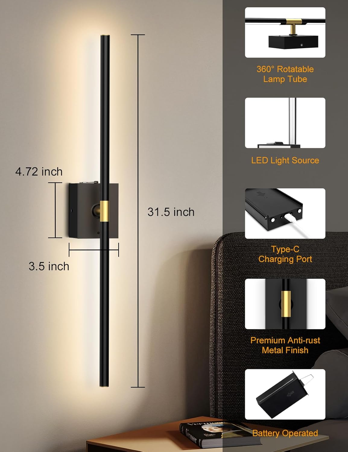 Battery Operated Wall Sconces Set of 2, Wireless Rechargeable Wall Lights | 10000mAh, Remote Control, 4CCT Dimmable