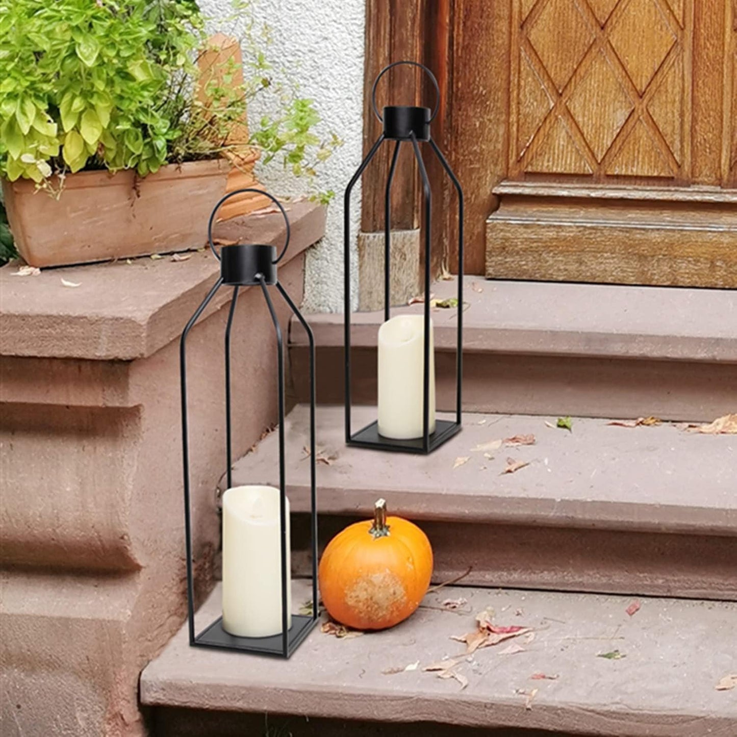 HPC Decor 22'' 19'' Lanterns Decorative w/ Flickering Timer Candles- Large Tall Black Metal Candle Lanterns Set of 2