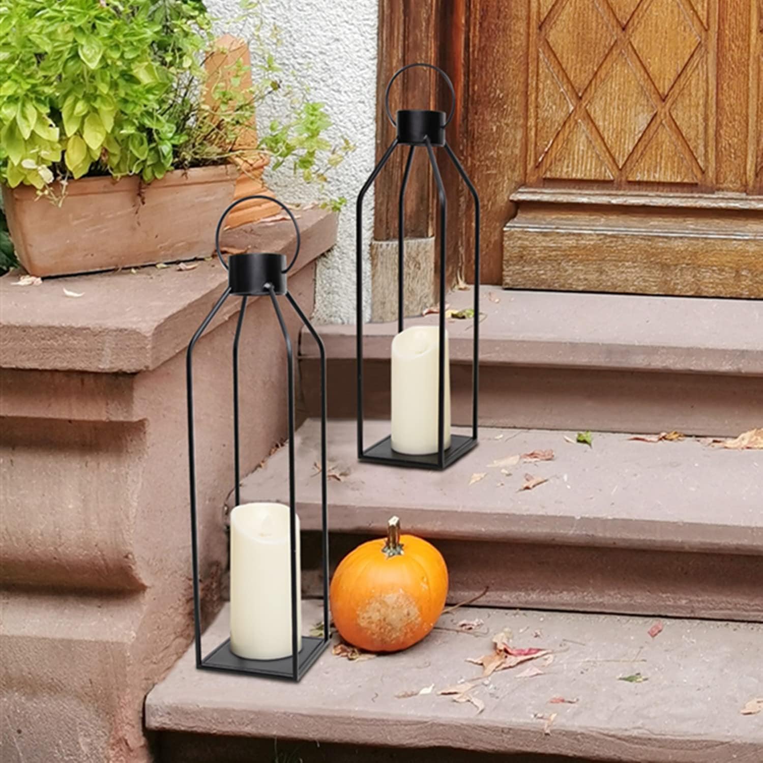HPC Decor 22'' 19'' Lanterns Decorative w/ Flickering Timer Candles- Large Tall Black Metal Candle Lanterns Set of 2