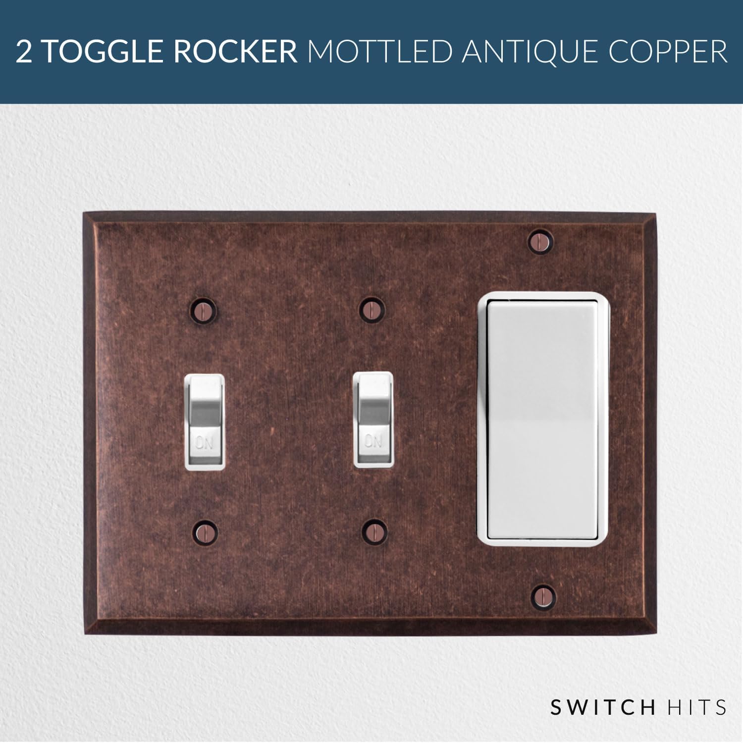 Mottled Antique Copper Outlet Wall Plate | 2 Toggle - 1 GFI Rocker | 6.25" x 4.5" | Hand-Polished Brass Construction