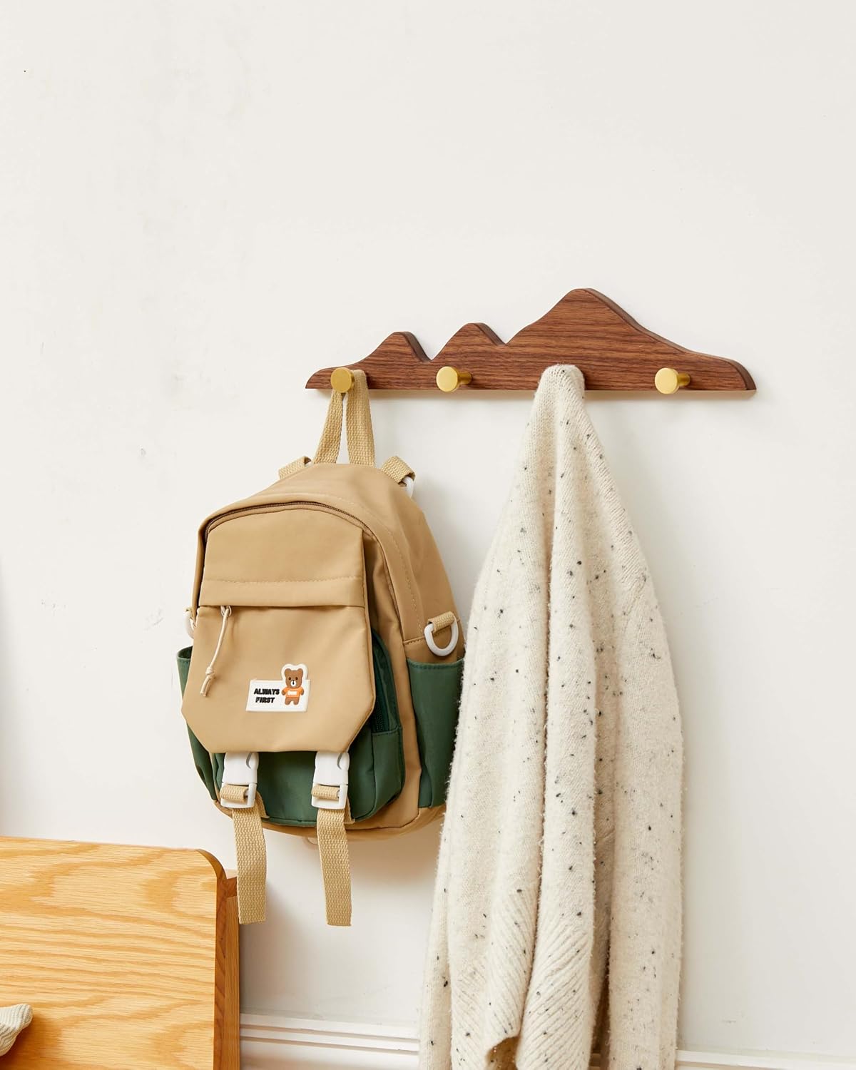Wooden Coat Rack / 4 Hooks / Gold