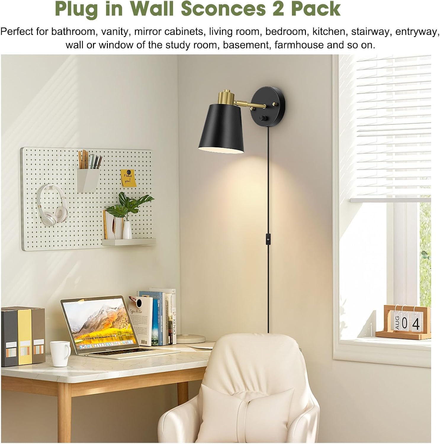 Lomoky Plug in Wall Sconces Set of 2, Dimmable Wall Lights with Plug in Cord and Dimmer On/Off Knob Switch, Adjustable