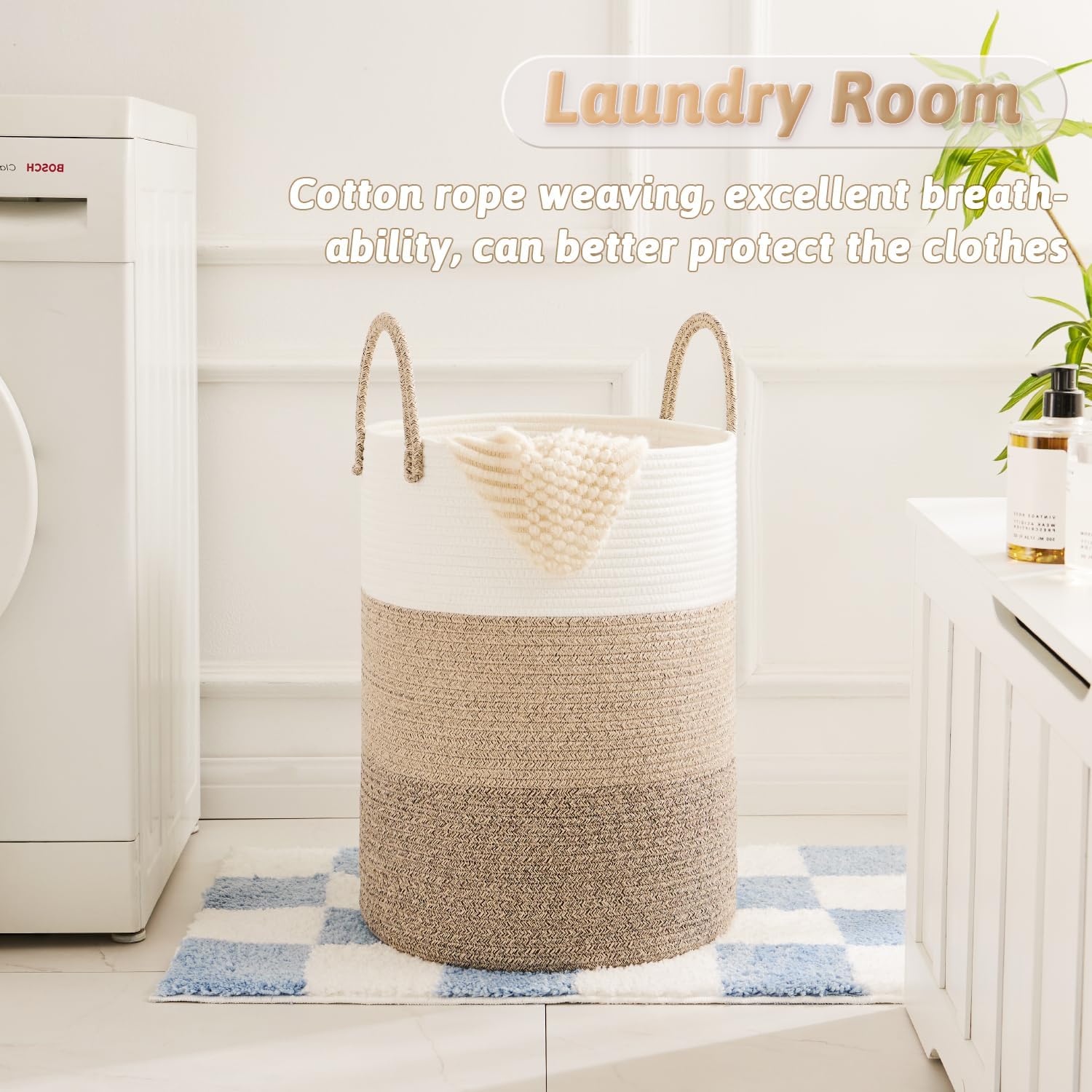 Laundry Basket / Woven Cotton Rope Laundry Hamper / Brown & White / 40L