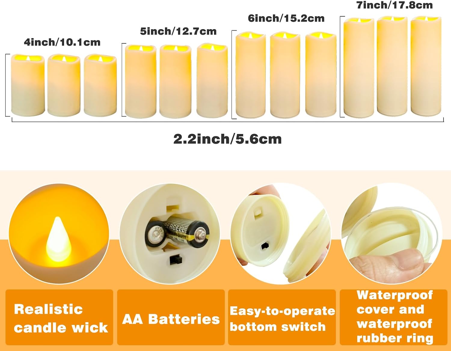 YIWER Waterproof Outdoor Flameless Candle, 12 Pcs Plastic Candles Pillars, 4" 5" 6" 7" LED Candles and 10-Key Remote