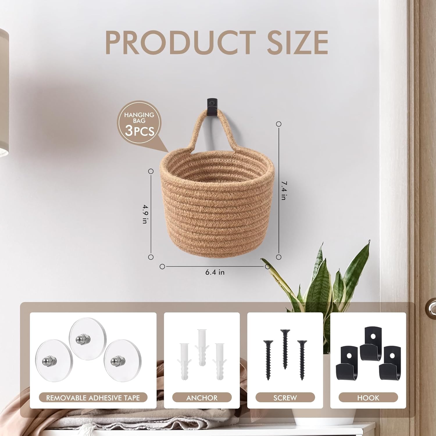 Adhesive Hooks / Storage Organizers / Linen & Black / Set of 3