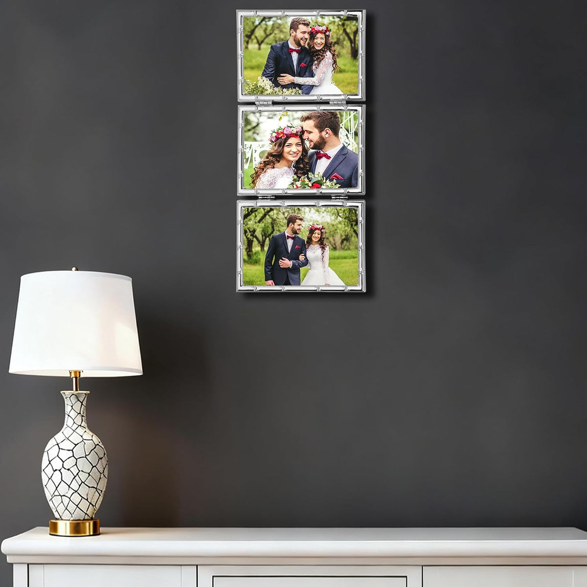 YiPinYin Elegant Silver Plated 4x6'' Hinged Triple Metal Picture Frame,Bamboo Detail Designs,with Real Glass & Soft