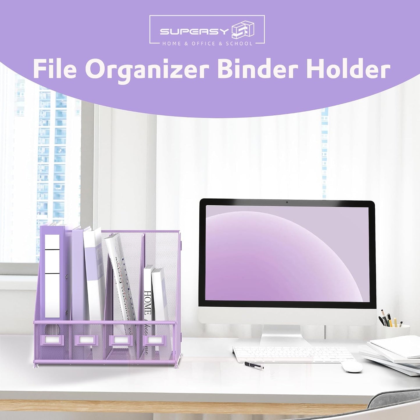 4-Compartment Magazine File Holder and File Organizer for Desk, Purple | Metal Magazine Holder and Magazine File