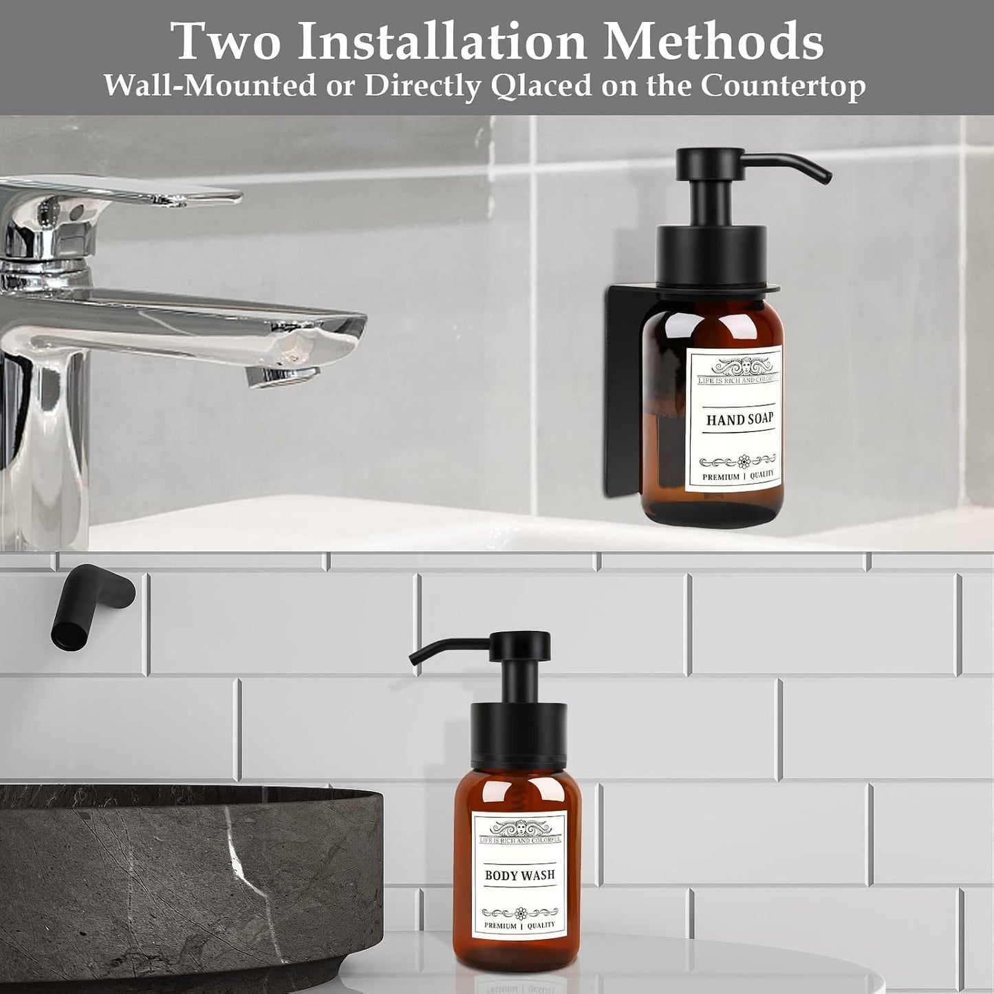 8.5oz Brown Glass Soap Dispenser 2 Pack for Kitchen Bathroom Black | Leakproof conditioner and hand soap pump set with