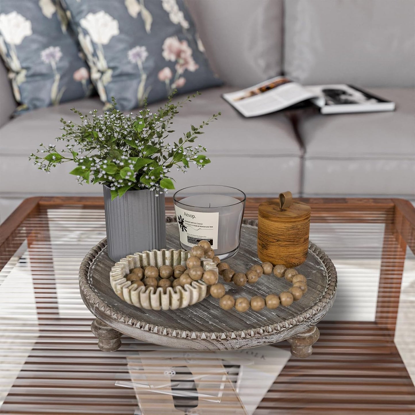 Decorative Pedestal Stand / Round Beaded Pedestal - Natural Wood