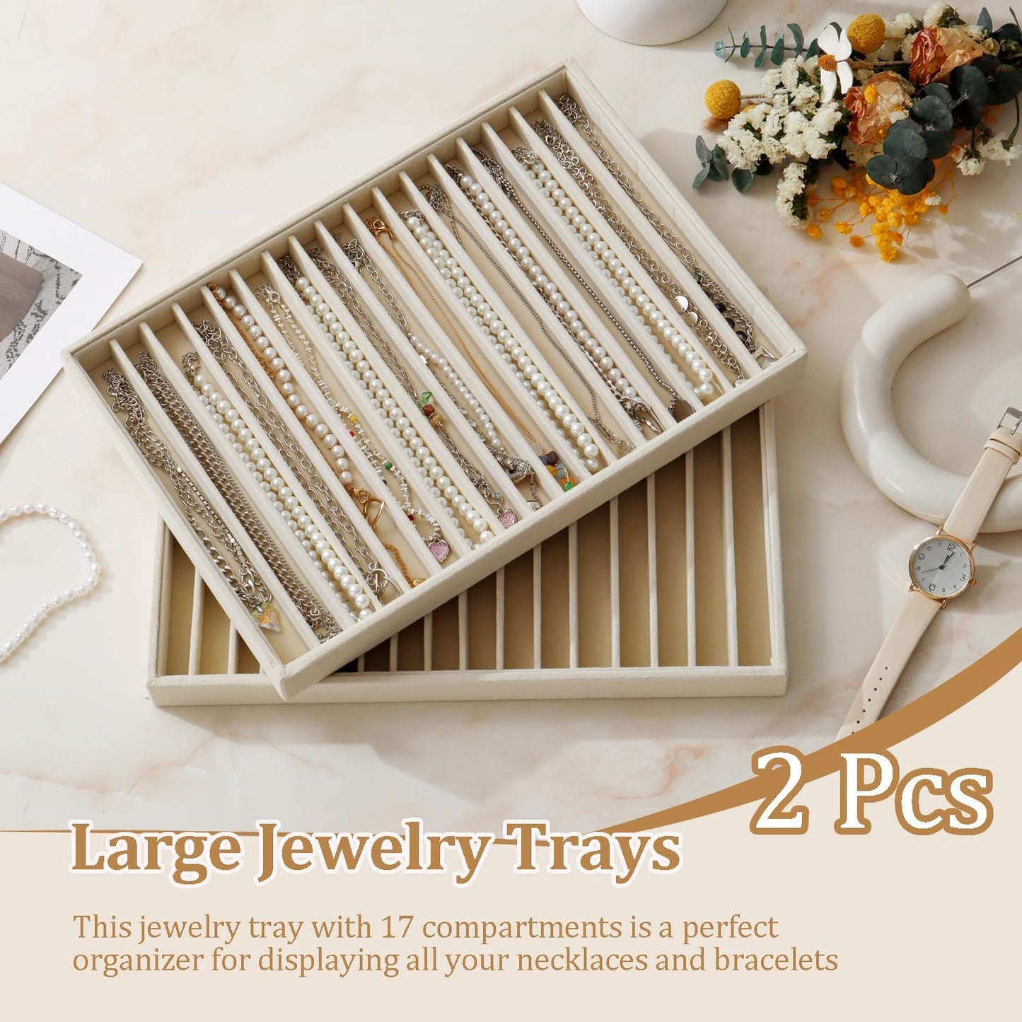 Large Velvet Jewelry Tray Stackable Jewelry Display Drawer Inserts / Beige / 16 Grids / Set of 2