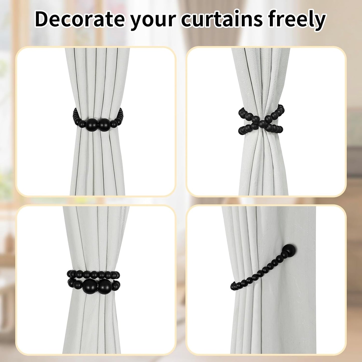 KLOGTSIND Magnetic Curtain Tiebacks, 6 Pack Wood Bead Curtain Holdbacks | Curtain Holders for Bedroom Decor, Boho Room