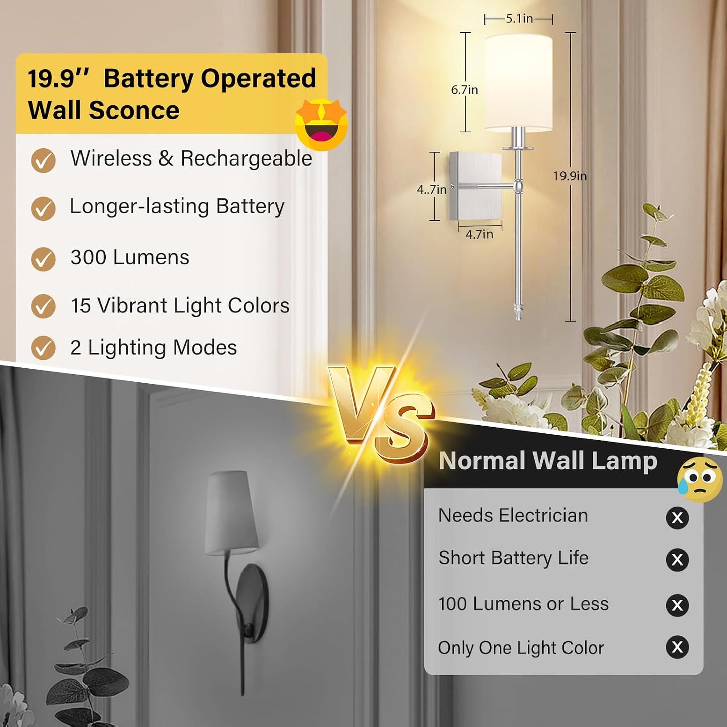 19 Inch Battery Operated Wall Sconces Set of 2 with Remote, Brushed Nickel Rechargeable Wireless Wall Lights with White