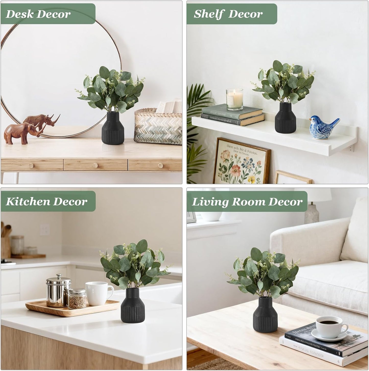 Artificial Eucalyptus Stems in Ceramic Vase Centerpiece Table Decorations Modern / Black / Small