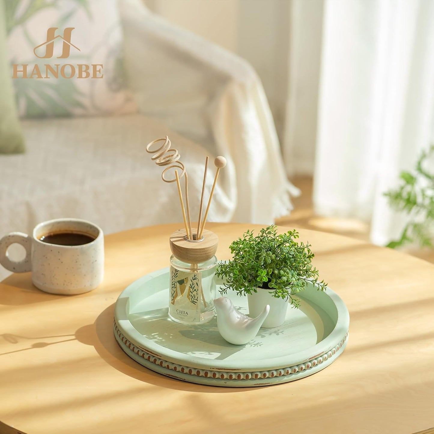 Wooden Candle Plate Holder / 11.8 / Sage Green