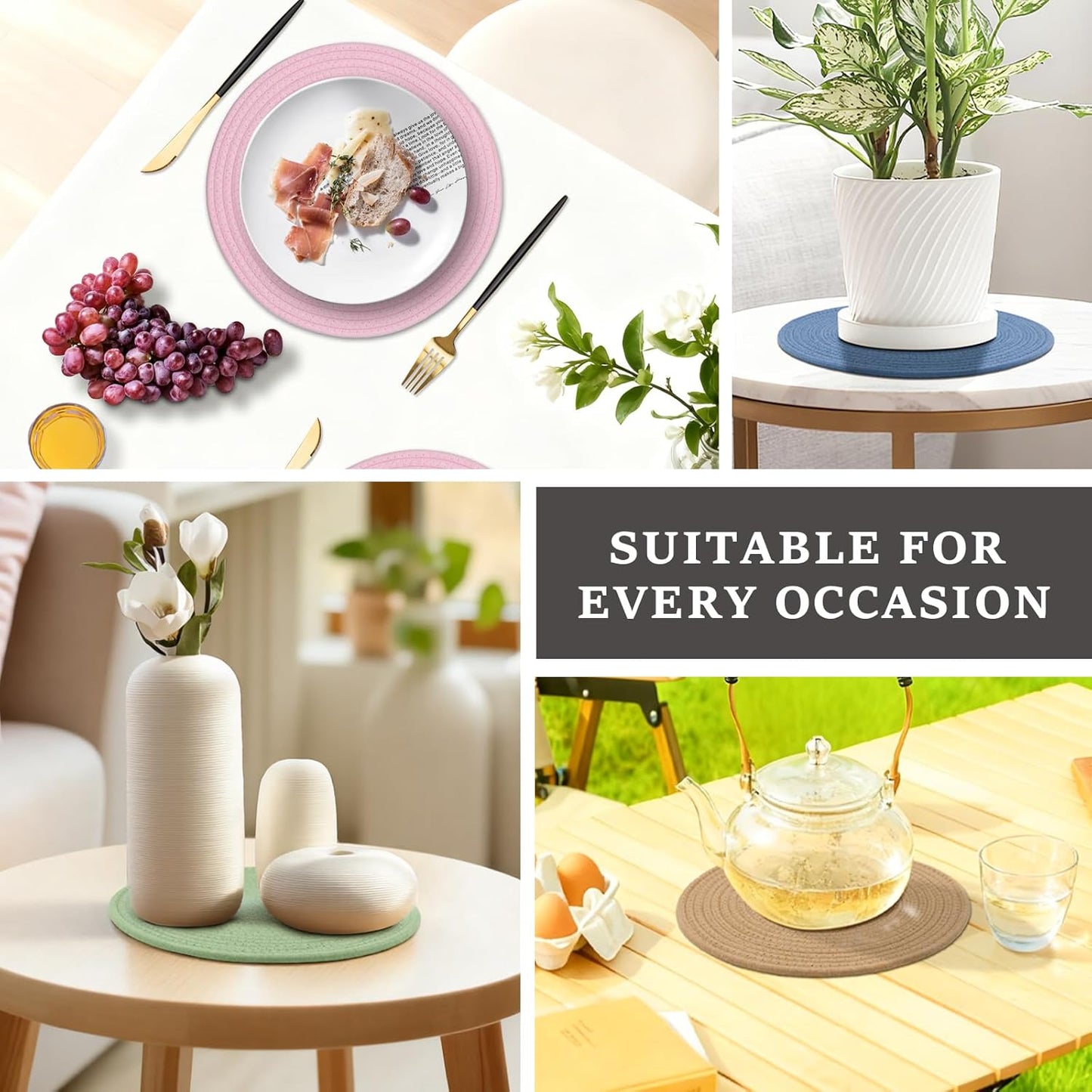 Round Placemats Set of 6, Cotton Rope Woven Table Mats, Hot Pads for Kitchen, Non Slip Heat Resistant Place Mats, 13