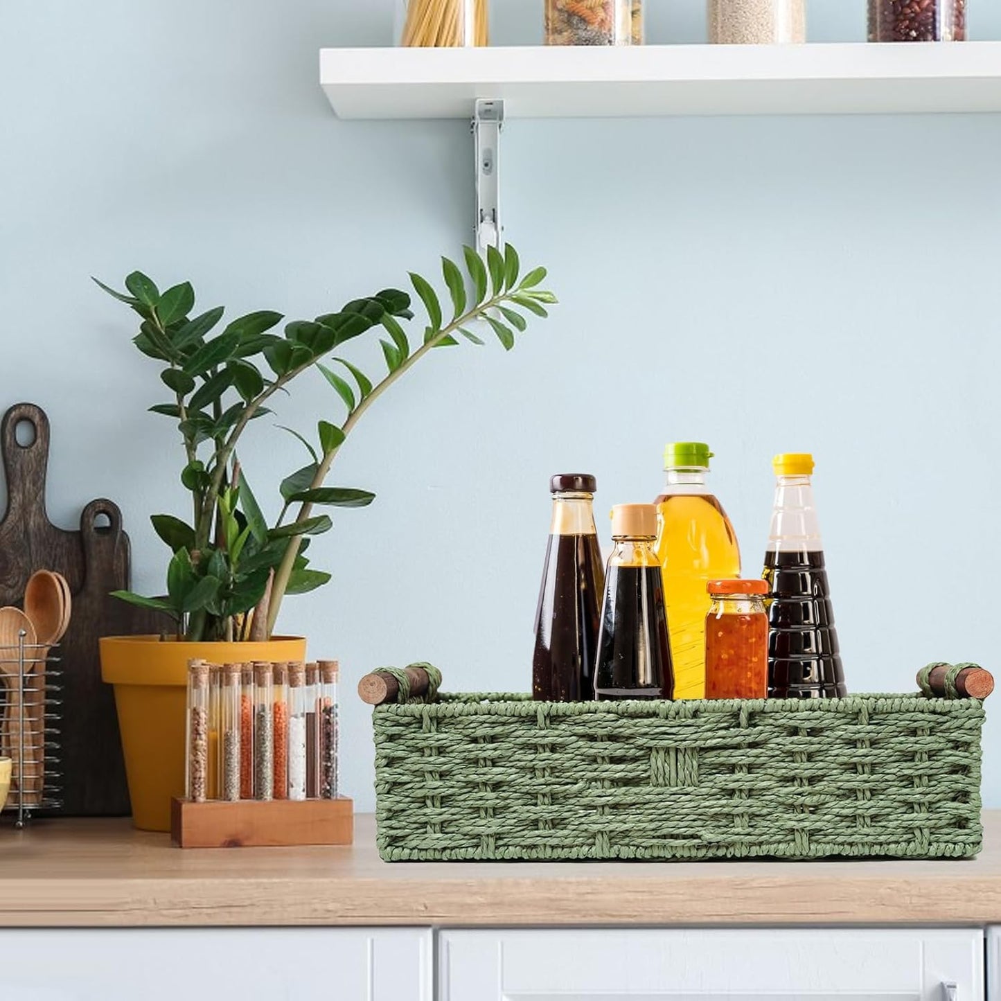 Round Paper Rope Storage Basket Wicker Baskets for Organizing / Green