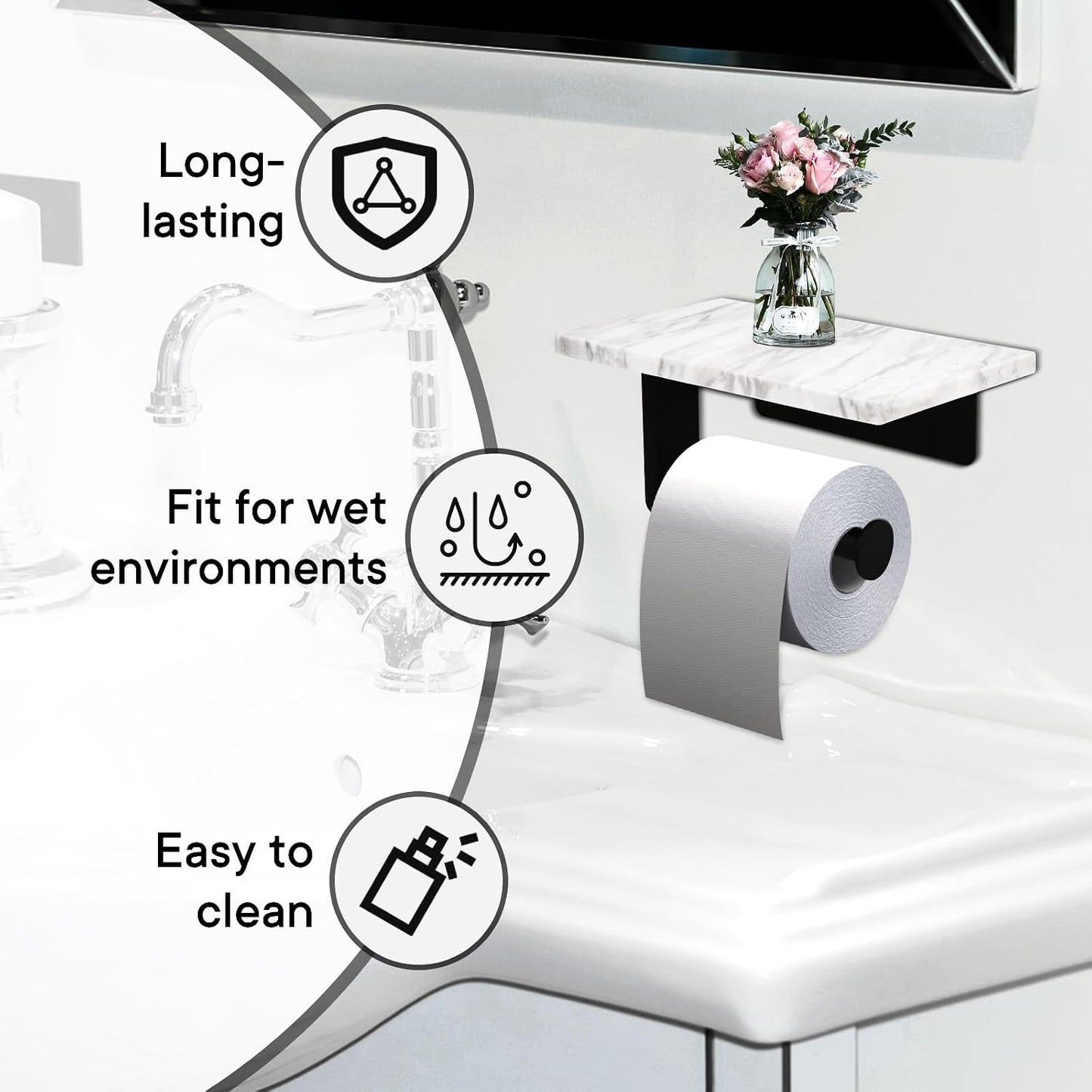 Toilet Paper Holder with Natural Marble Shelf for Bathroom Washroom,Wall Mounted Tissue Holder Suitable for Mega
