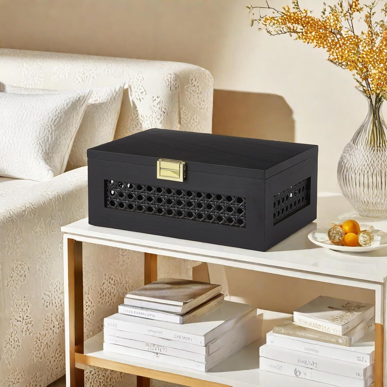 Decorative Rattan Storage Boxes Solid Wood Woven Baskets Bins / Black