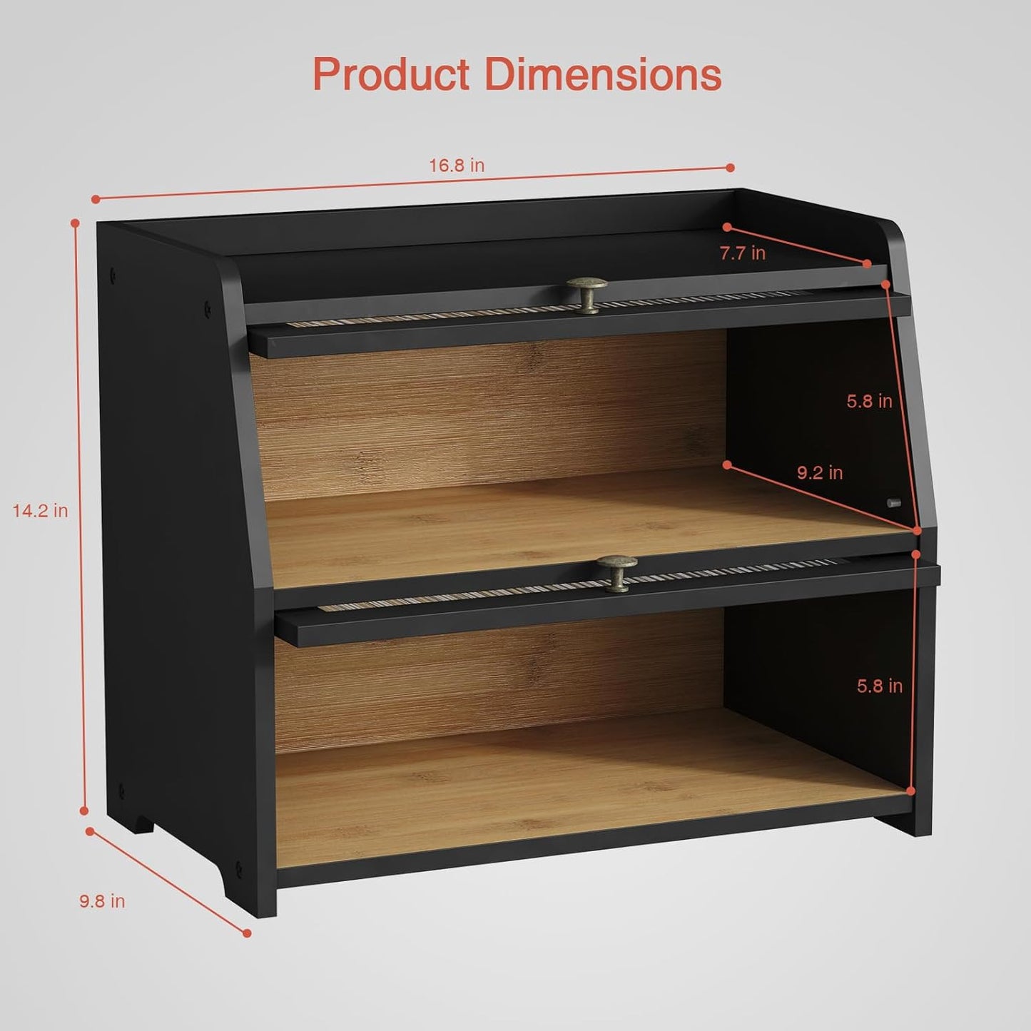 Goozii Large Bread Box for Kitchen Countertop, Black Bread Storage Container for Homemade Bread, Double Layer Farmhouse