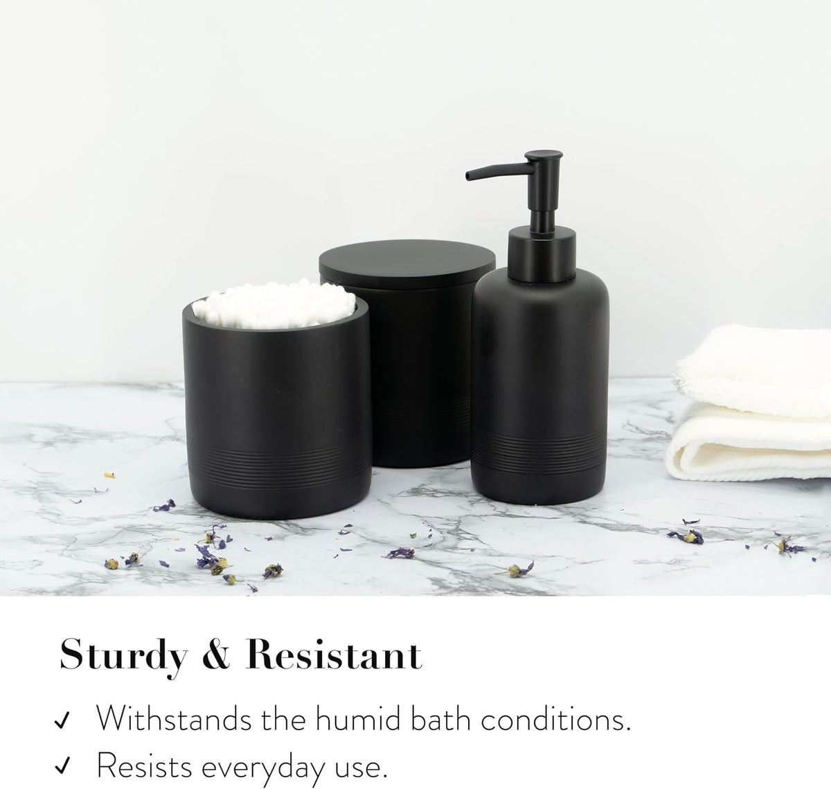 Black Matte Bathroom Accessories Set 6 Pieces - Toothbrush Holder, Lotion Dispenser, Qtip Container, Vanity Tray