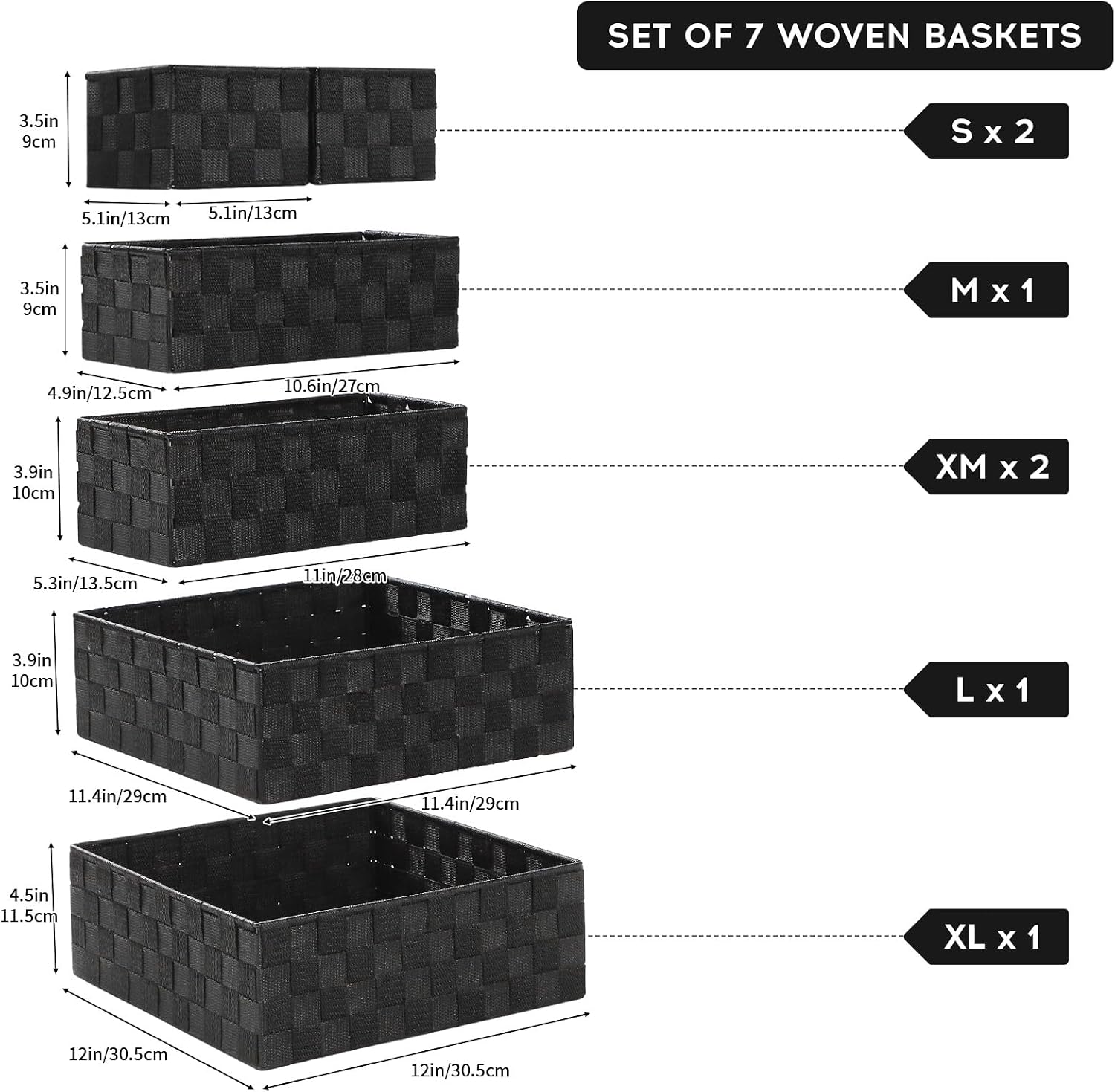 Small Baskets for Organizing Woven Storage / Black / Set of 7