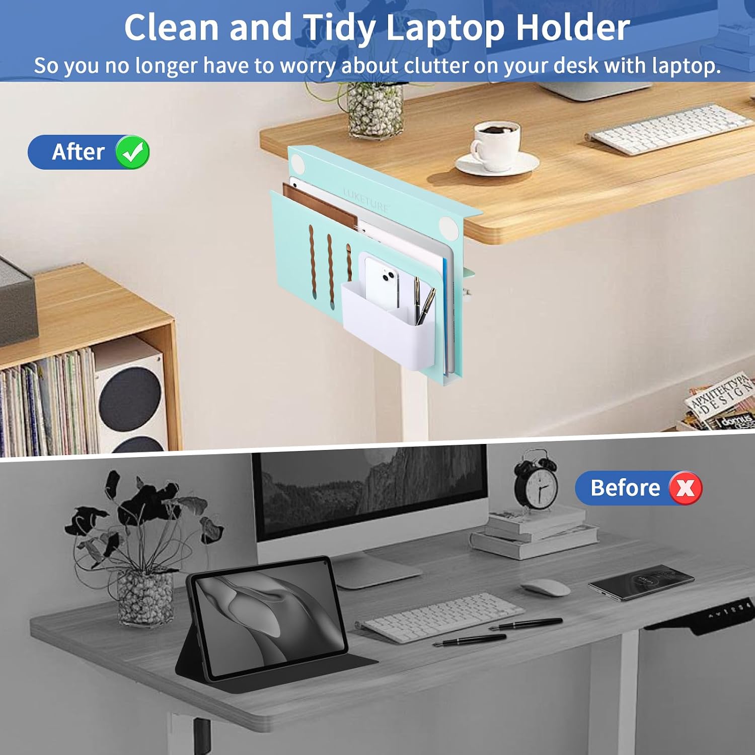 LUKETURE Desk Side Storage Laptop Holder No Drill Clamp On Organizer | Steel Side Desk Organizer, Clamp on Laptop Mount