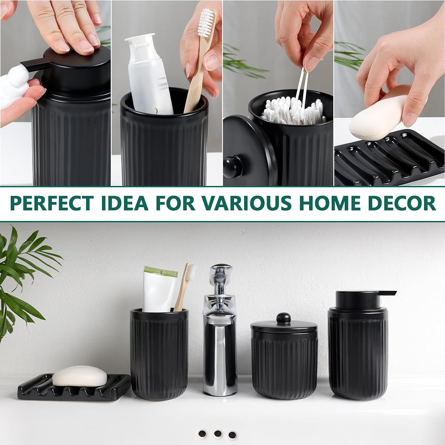 BosilunLife Striped Black Ceramic Bathroom Accessories Set of 4 | Bathroom Decor Sets Accessories Bathroom Lotion Soap