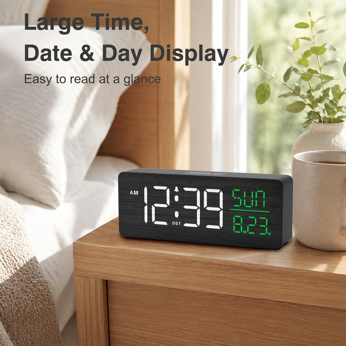 Peakeep Wooden Digital Alarm Clock Large Display, Textured Decoration | for Bedroom Living Room Desk Table, Electric