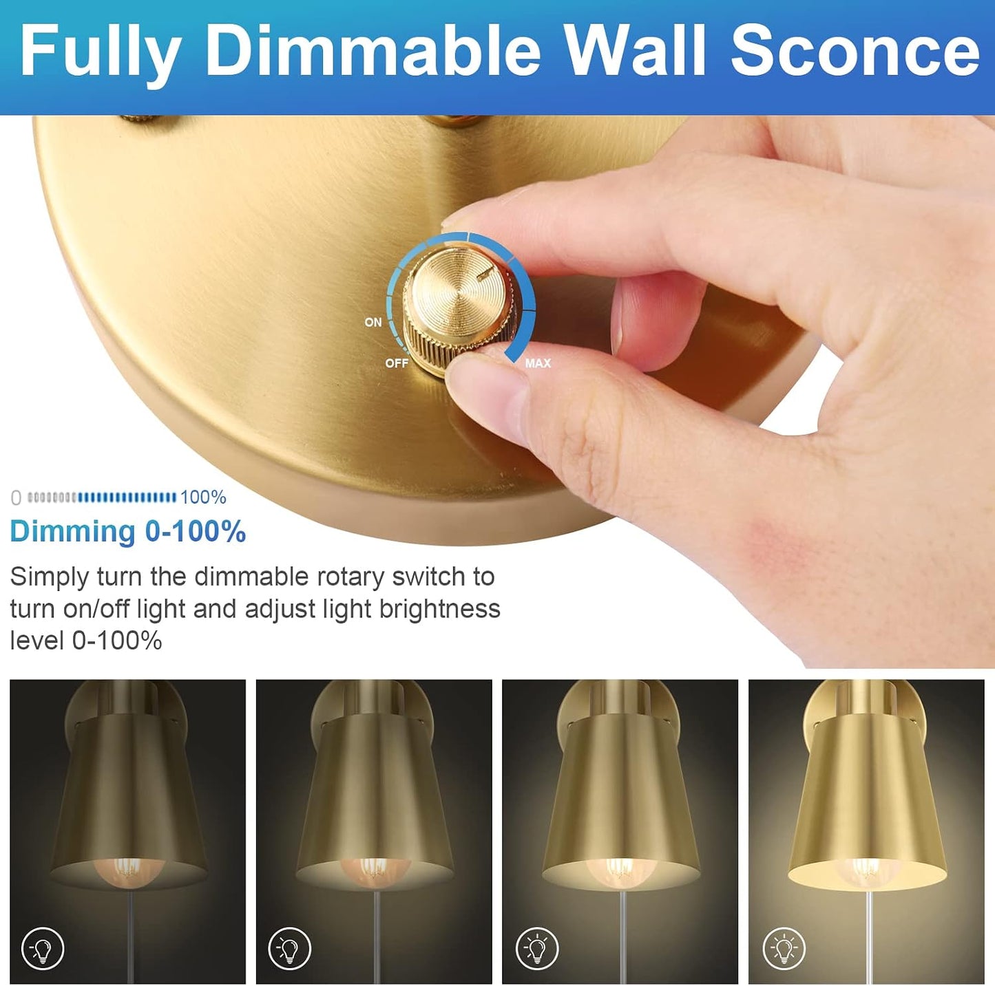 VATONI Plug in Wall Sconces, Dimmable Wall Sconces Adjustable Angle Wall Lights with Plug in Cord and Dimmer On/Off