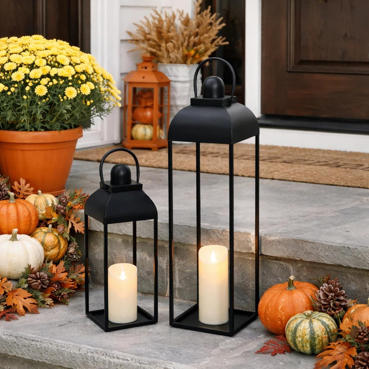 25'' 19'' Lanterns Decorative Outdoor Indoor, Black Metal Outdoor Lanterns | Set of 2 No Glass Modern Farmhouse