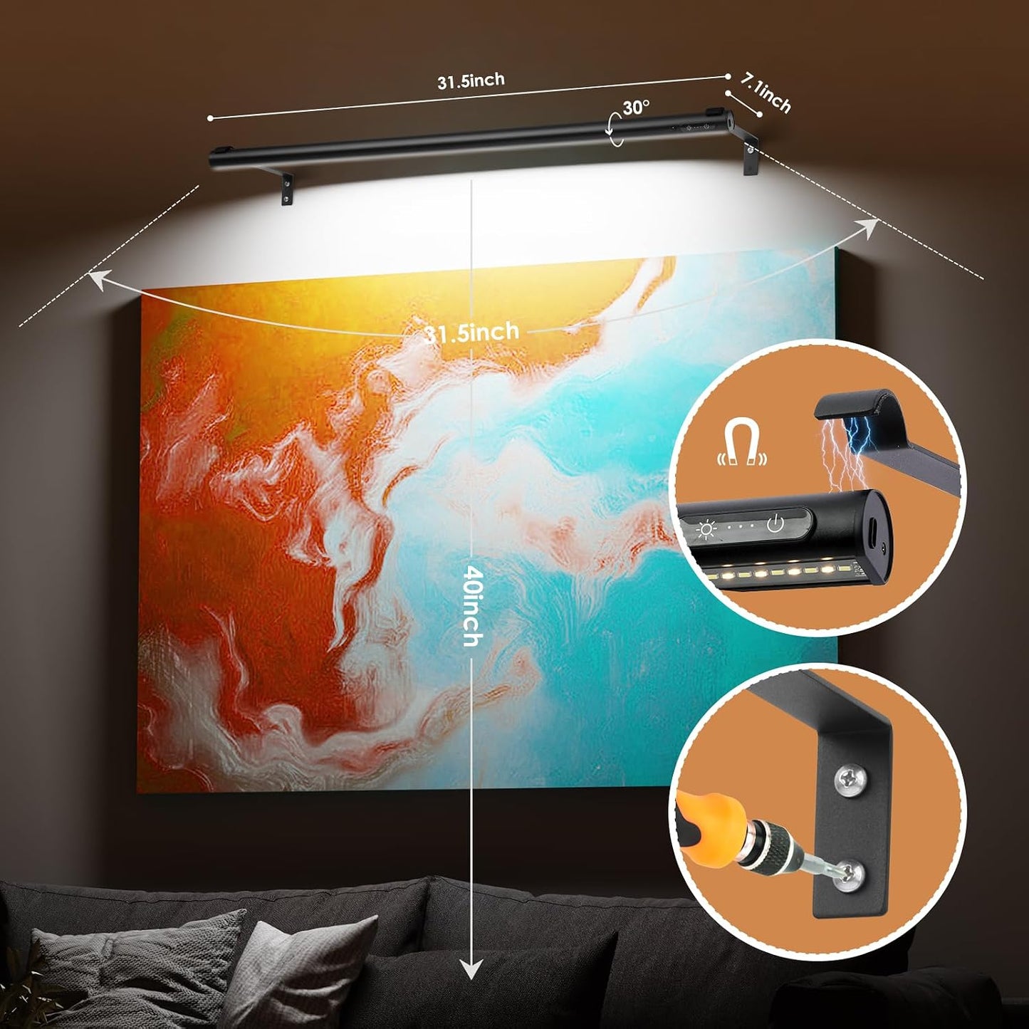 Battery Operated Wireless Picture Light，Rechargeable/Plugged in 31.5inch Painting Display Light,Remote Control Wall