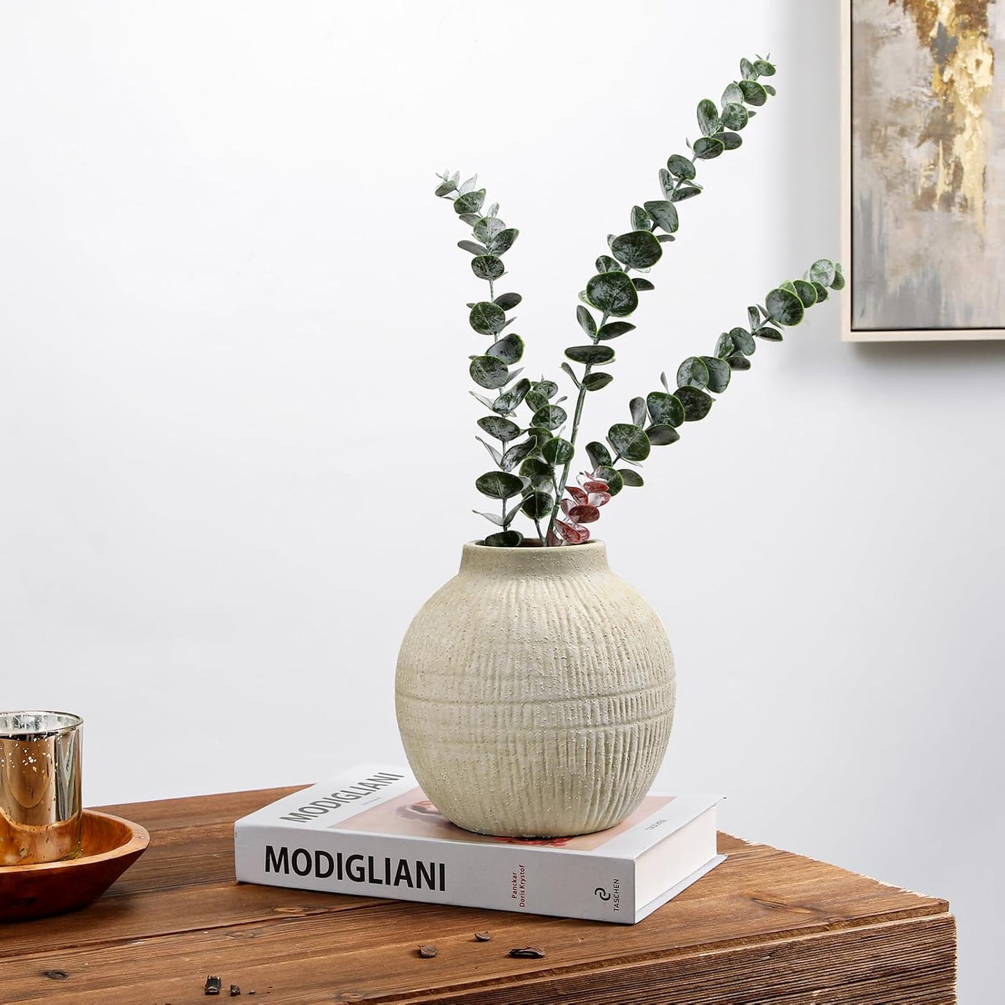 Wide Ceramic Vase for Cafe Centerpiece / 7" Cream White