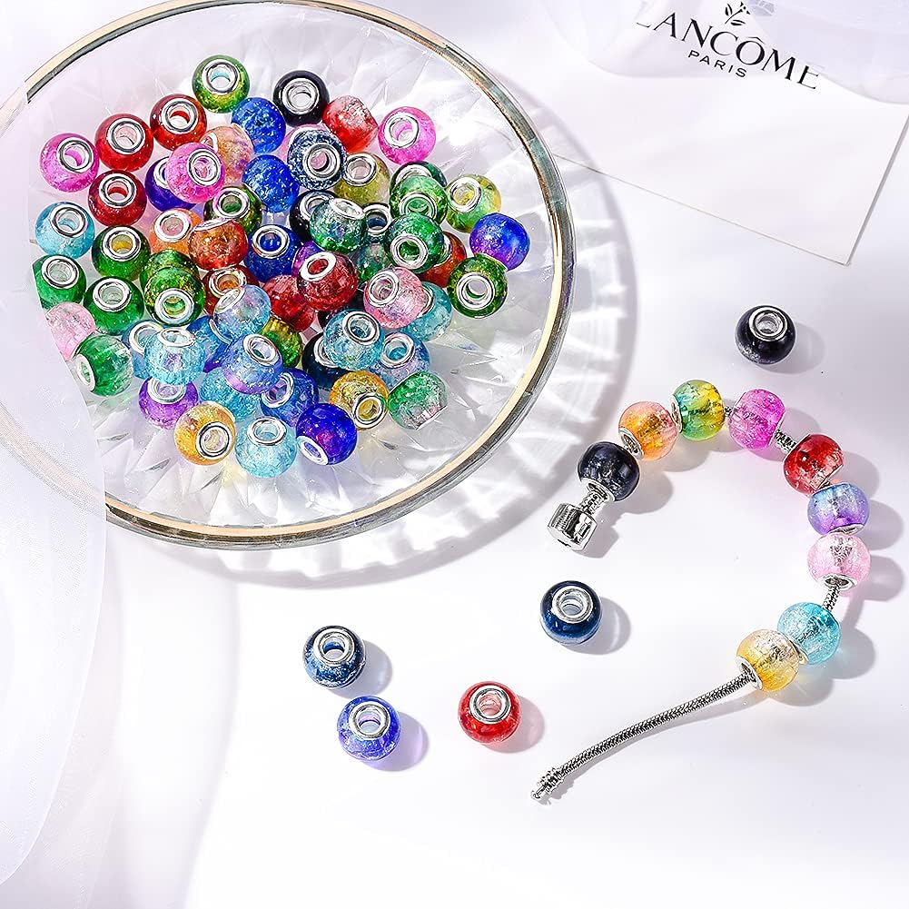 mm Murano Large Hole Glass Beads / Up and Down Bicolor Crack / Silver / 10 x 15 / Set of 100