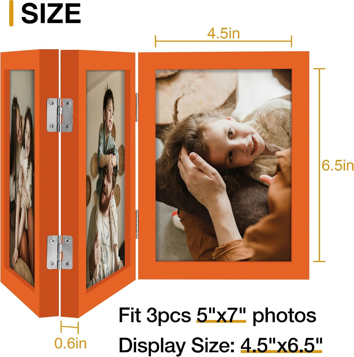 decorUhome Orange Triple 5x7 Picture Frame Vertical, MDOR08 | "Z" Shape Folding Design Engineered Wood Trifold Photo