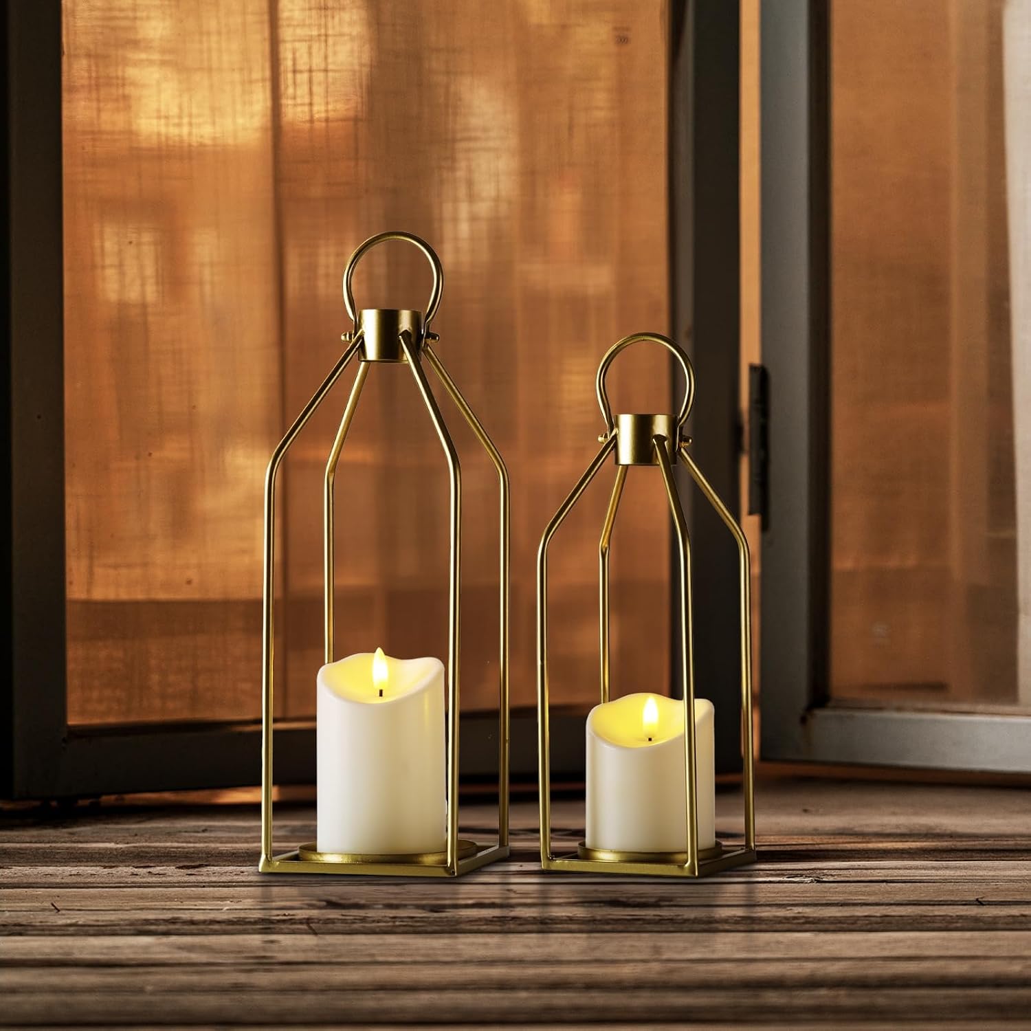 Homemory Modern Farmhouse Gold Metal Lanterns 2PCS with Flameless Candle | Waterproof Lantern Design Outdoor Indoor