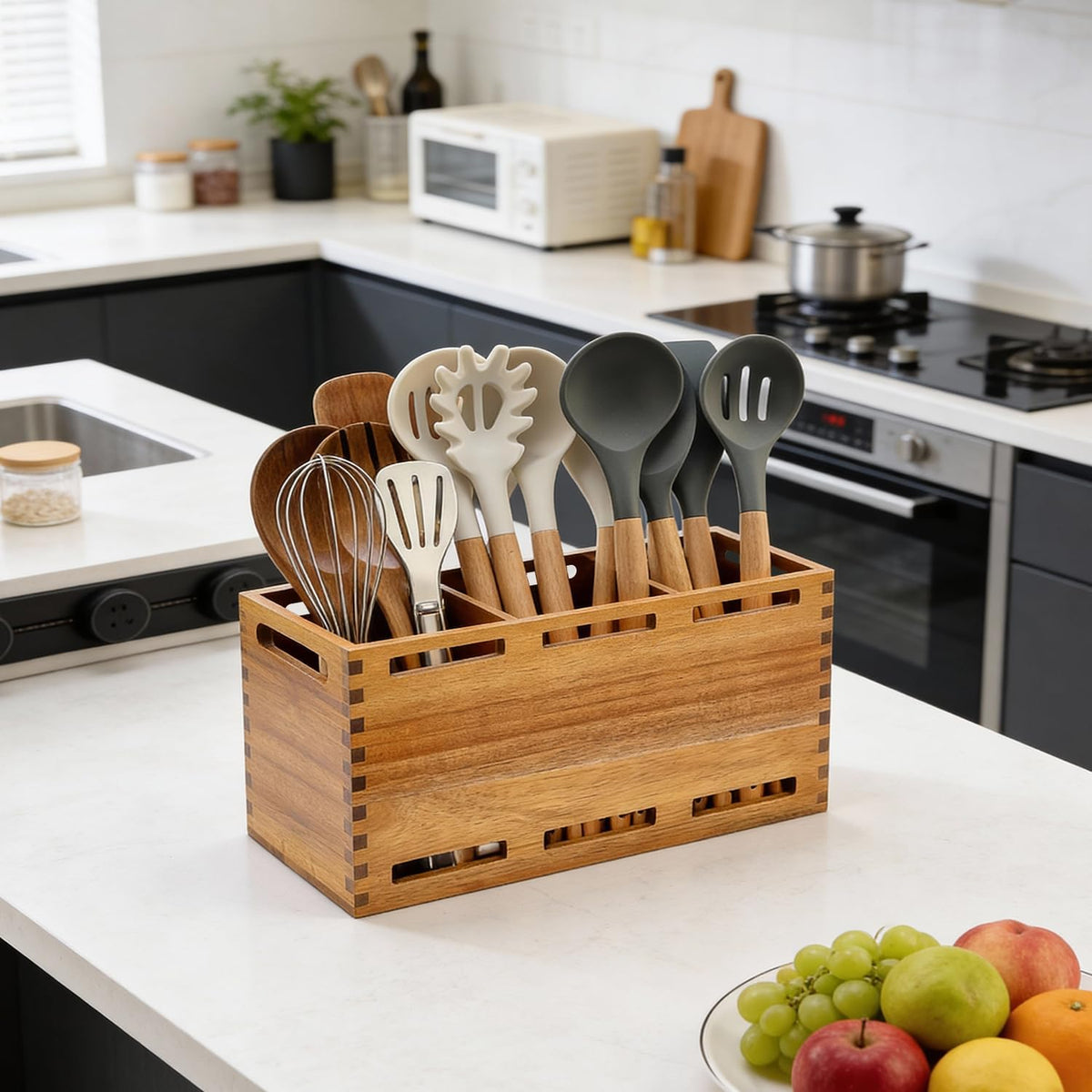 Acacia Wood Large Utensil Holder for Kitchen Counter Organizer Spoon Holder | Cooking Utensils Holder Countertop