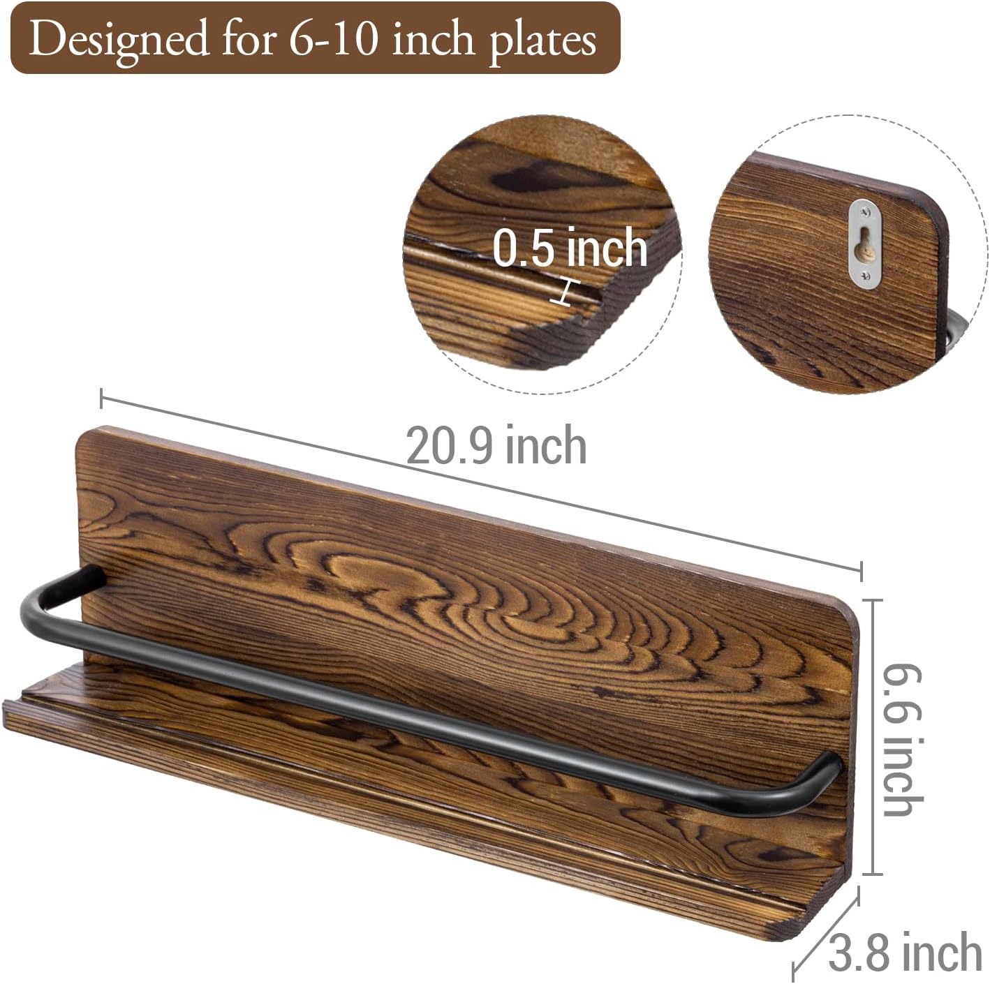 MyGift Plate Wall Hangers for Display, Set of 3 Wall Mounted Plate Rack for 6 to 10 Inch Plates, Decorative Wood Stand