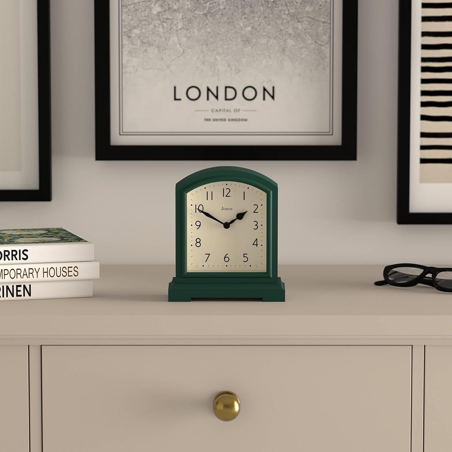 JONES CLOCKS® Tavern Mantel Clock | Modern Arch top Design | Dark Green | Contemporary Classic Style for Desk, Table