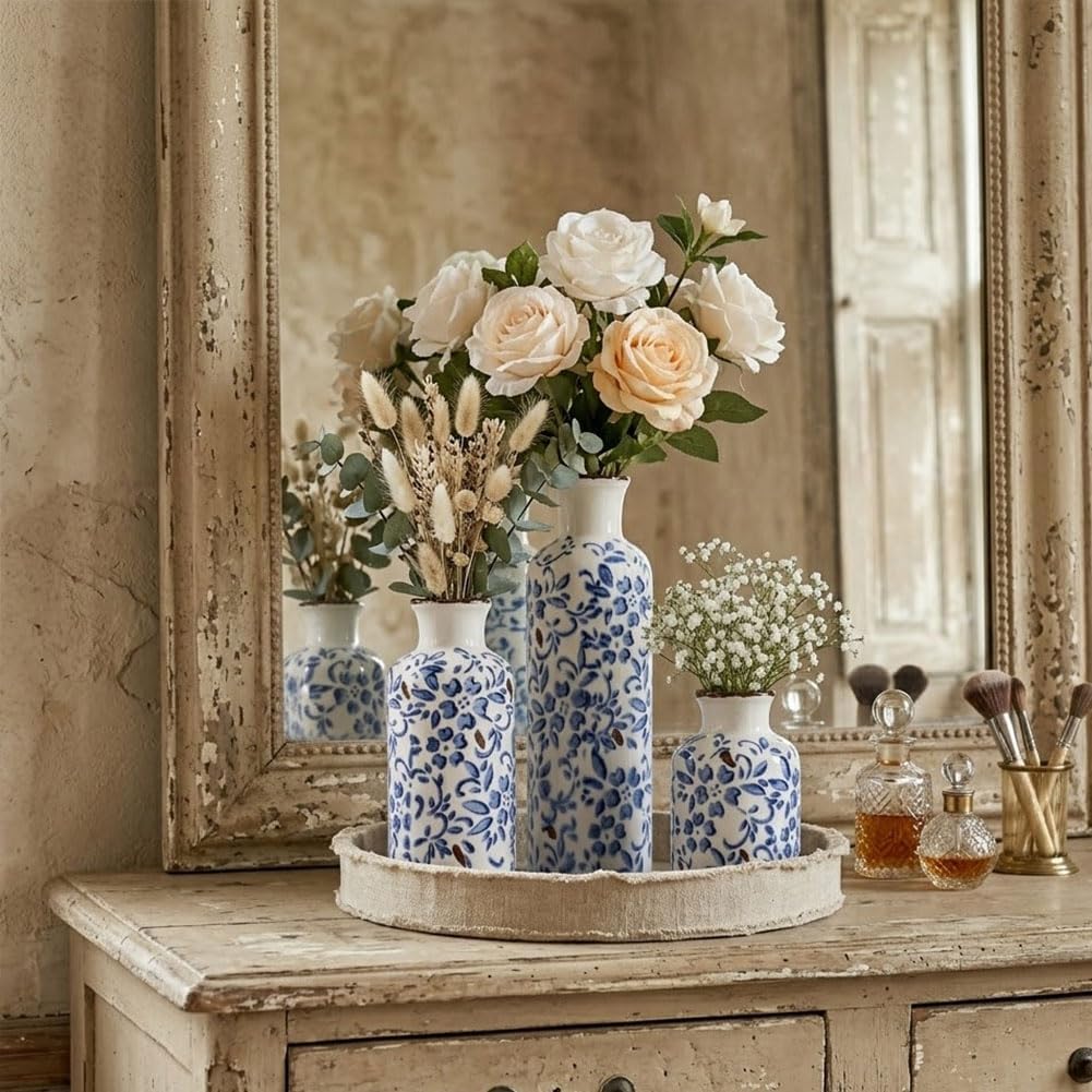 Chinoiserie Decor Ceramic Vases Set / Blue Floral
