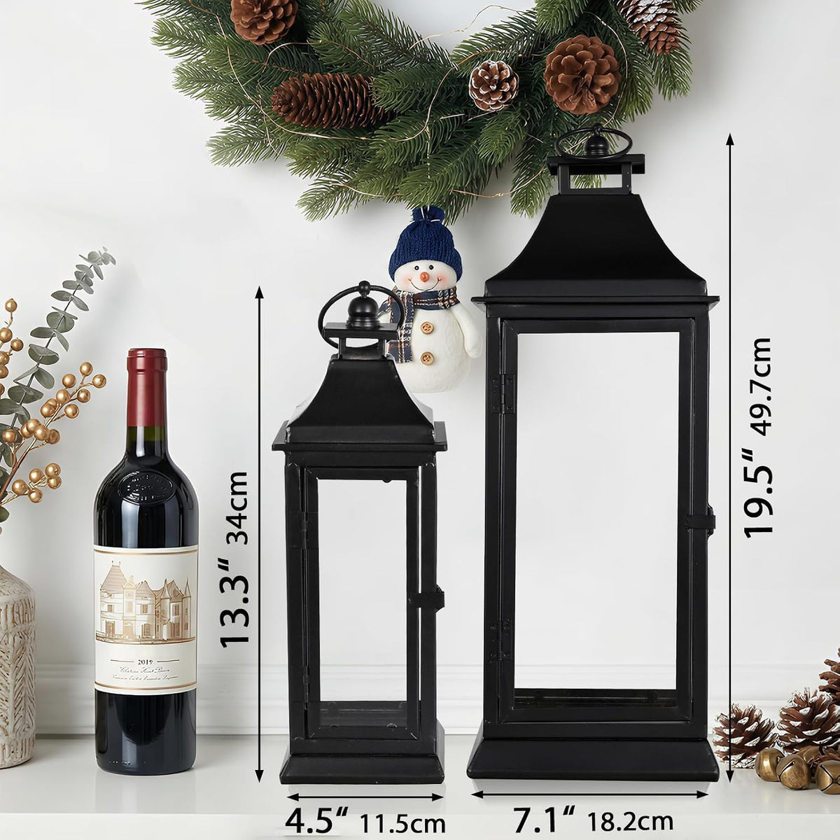 SwallowLiving Black Outdoor Lanterns Set of 2, 19.5" & 13.3" Farmhouse Large Metal Decorative Candle Lanterns with