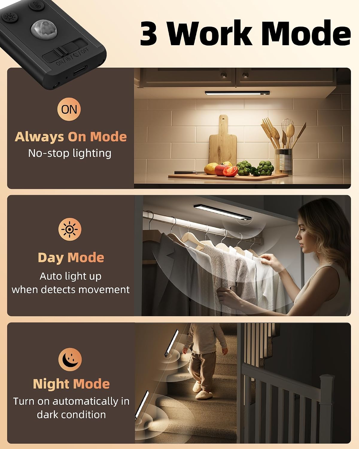 EZVALO Under Cabinet Lighting, 3500mAh Rechargeable Motion Sensor Light Indoor, 3 Color Temps, 5-Level Dimmable