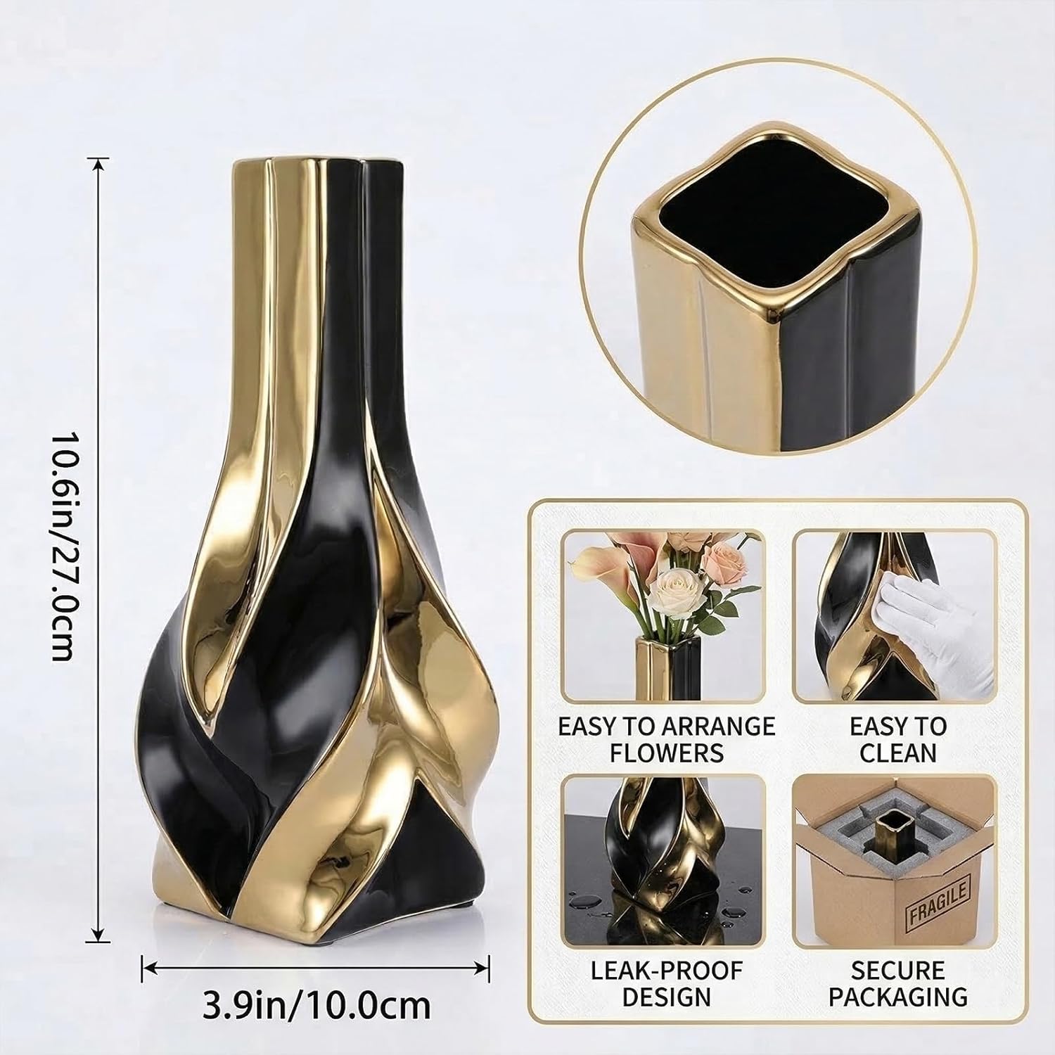 10.6" and Gold Ceramic Vase / Black